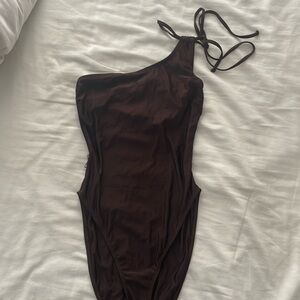 Good American brown bathing suit one piece tie one shoulder